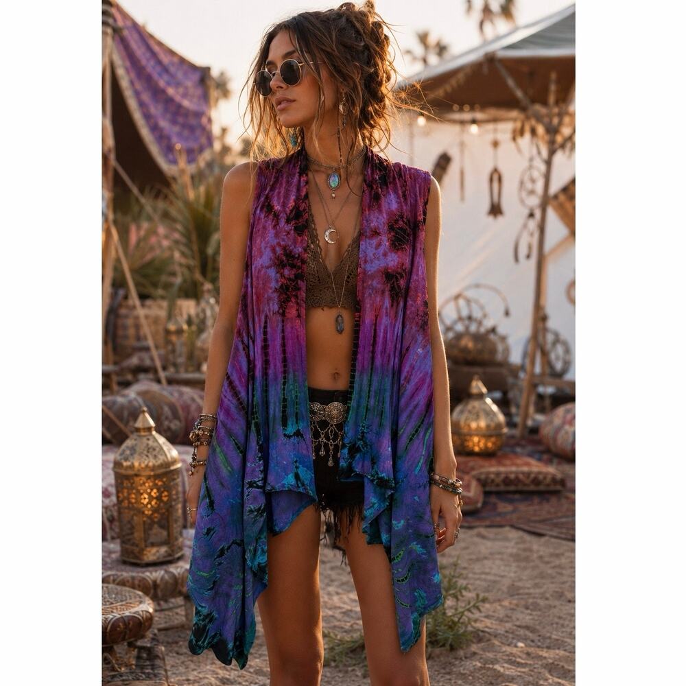 Boho Tie Dye Waterfall Duster Vest Purple Blue Festival Layering Open Hippie